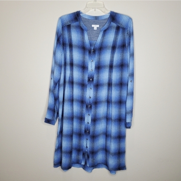 J. Jill Blue & Black Plaid Print Button Front Elliptical Shirt Dress - Picture 3 of 9